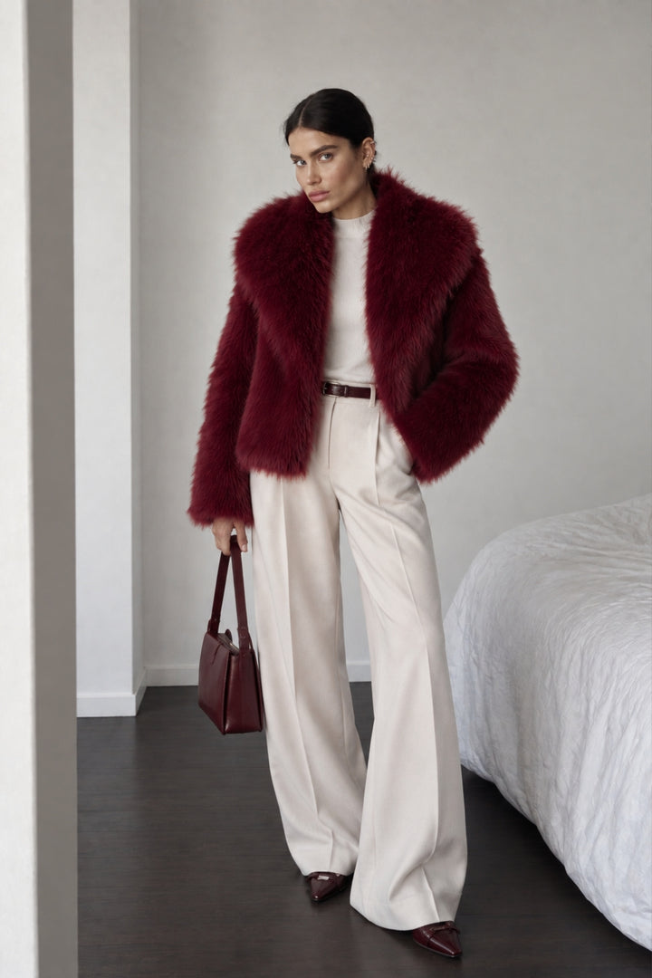 Şal Yaka Peluş Bordo Kürk