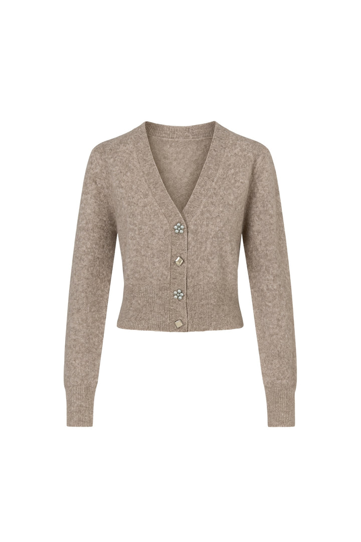 V Yaka Aksesuar Detay Taş Triko Hırka