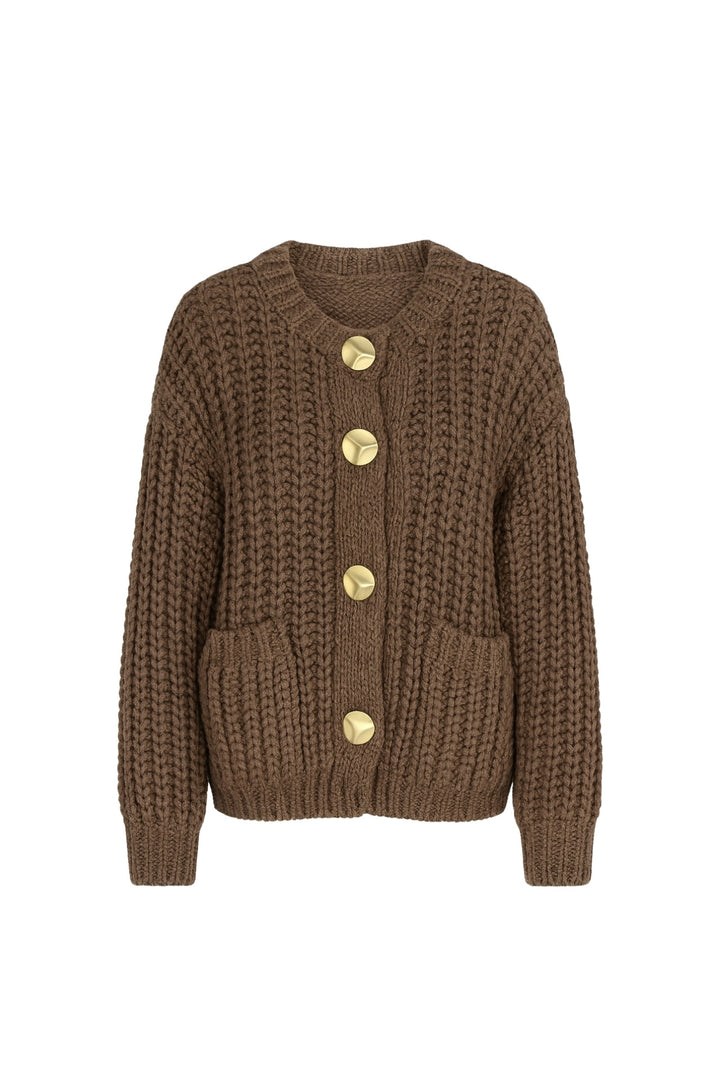Kalın Örgü Düğme Detay Kahverengi Hırka