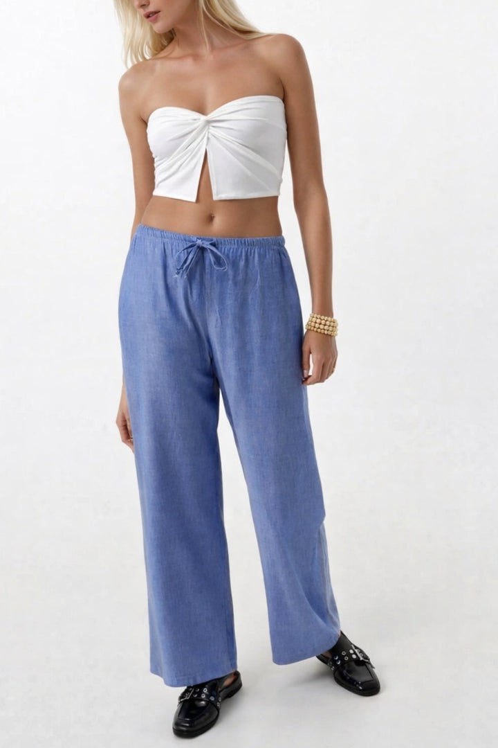 İnce Kemerli Bağcık Detay Koyu Mavi Pantolon