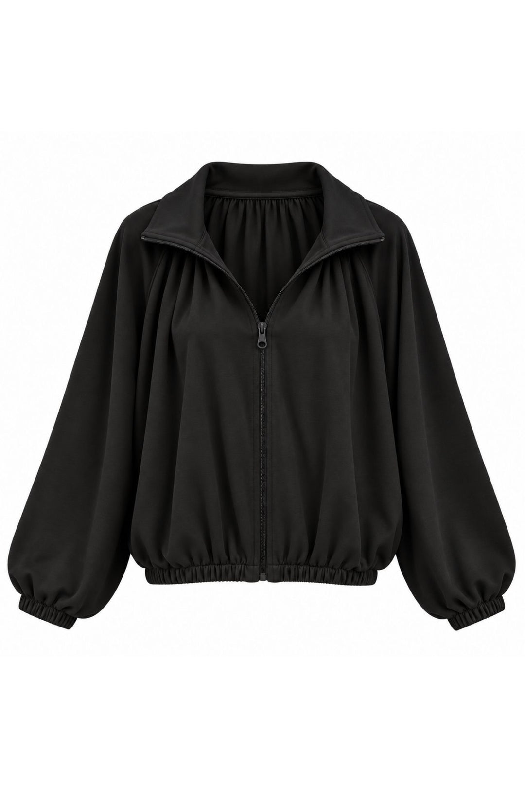 Balon Kol Polo Yaka Bel Büzgülü Siyah Fermuarlı Ceket