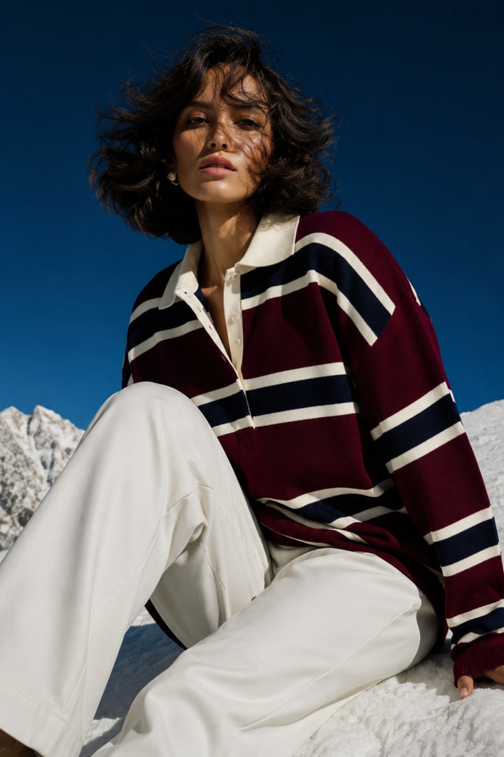 Striped Buttoned Polo Neck Burgundy Knit Blouse