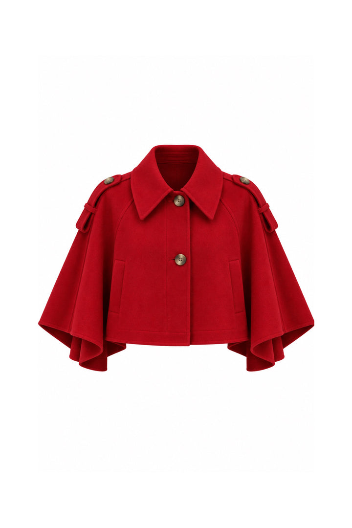 Düğme Detay Crop Kırmızı Pelerin Trenchcoat