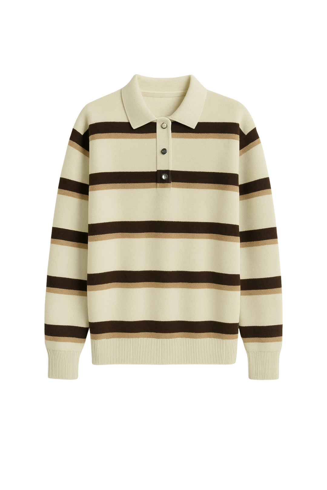 Polo Yaka Düğme Detay Bej Çizgili Triko Kazak