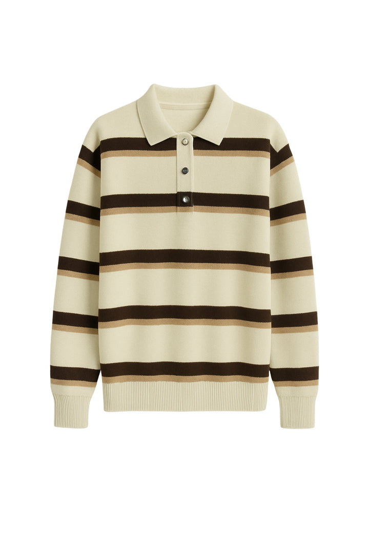 Polo Yaka Düğme Detay Bej Çizgili Triko Kazak