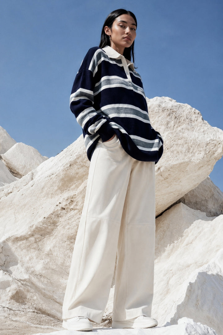 Striped Buttoned Polo Neck Navy Knit Blouse