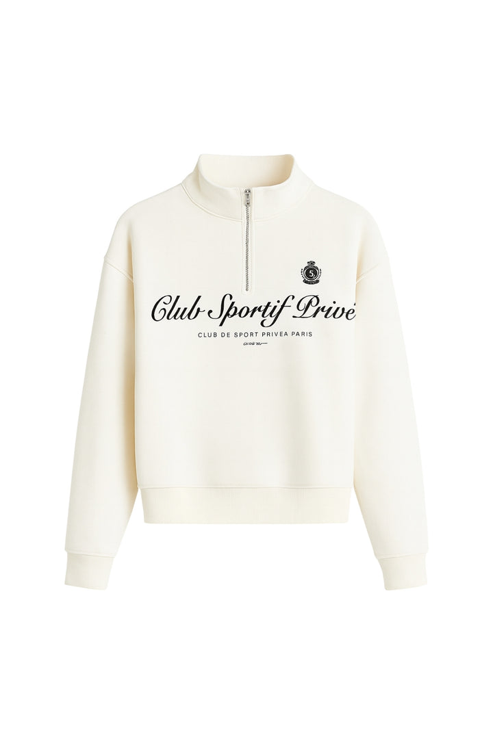 Fermuar Detay Baskılı Ekru Sweatshirt