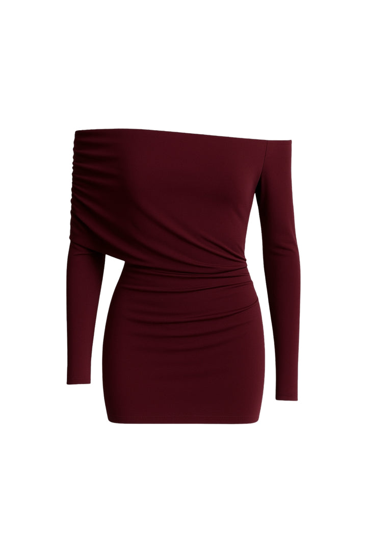 Büzgü Detay Bordo Straplez Mini Elbise