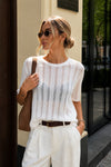 Şerit Detay Transparan Oversize Beyaz Triko Bluz
