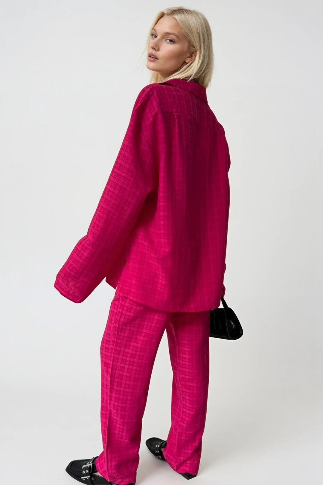 Pocket Fuchsia Shirt Trousers Two Piece Set