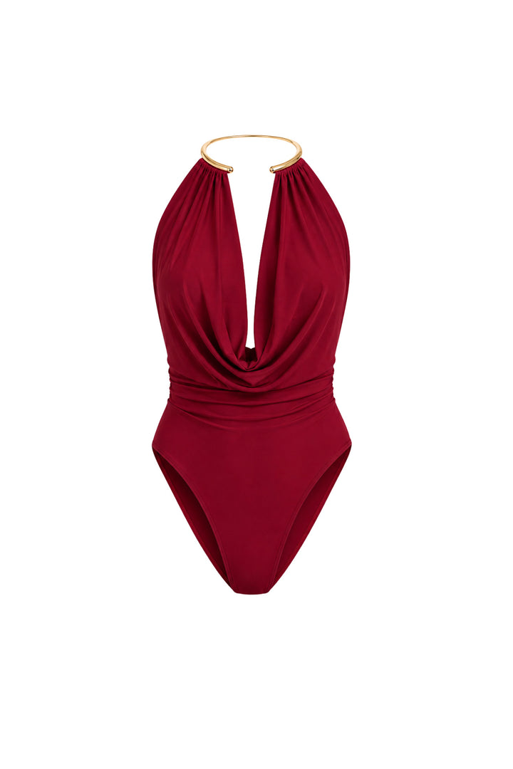Degaje Yaka Aksesuar Detay Kırmızı Bodysuit