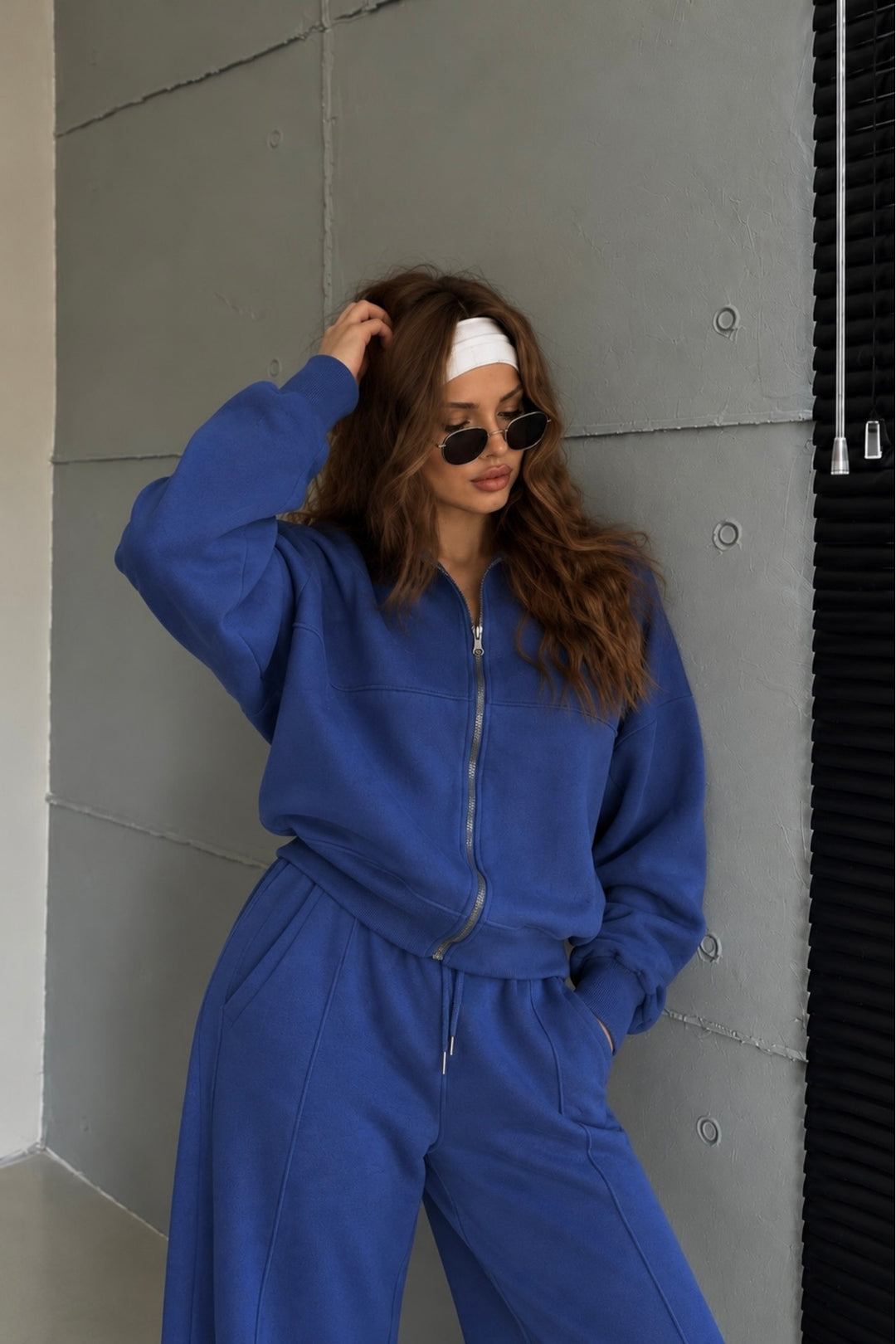 Fermuar Detay Hakim Yaka Sweatshirt Eşofman Saks İkili Takım