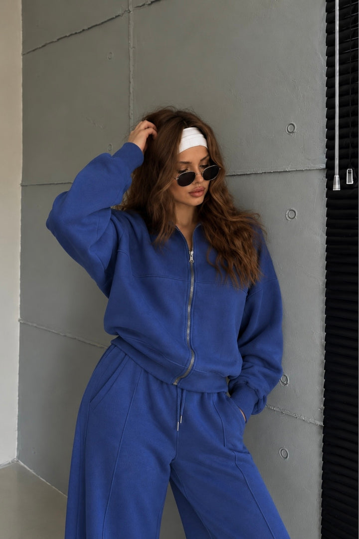 Fermuar Detay Hakim Yaka Sweatshirt Eşofman Saks İkili Takım