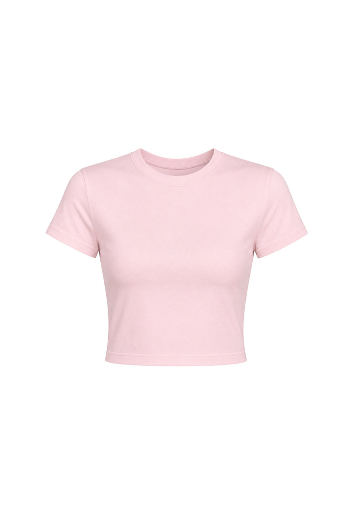 Bisiklet Yaka Likralı Pembe Crop T-Shirt