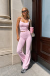 İp Askılı Bluz Wide Leg Pantolon Pembe İkili Takım