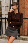 Ruffle Sleeve Gold Button Crew Neck Brown Blouse