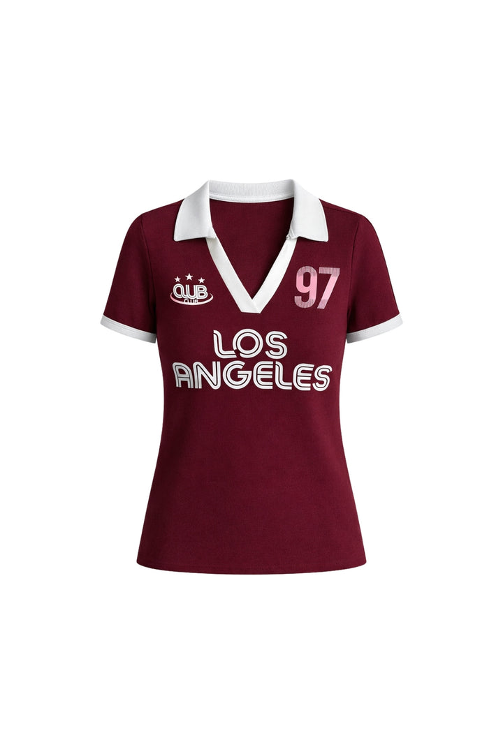 Polo Yaka Çift Renk Baskılı Bordo Crop T-Shirt