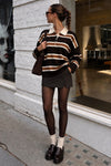 Striped Buttoned Polo Collar Beige Knit Blouse
