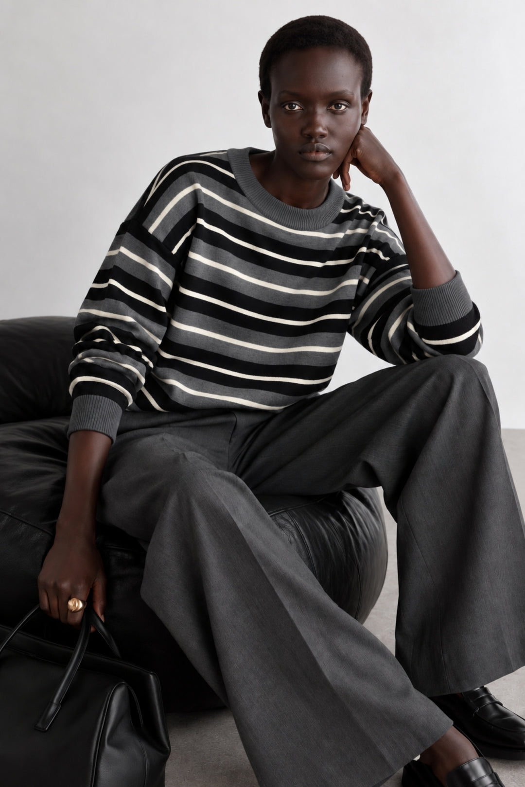 Crew Neck Striped Knit Anthracite Blouse