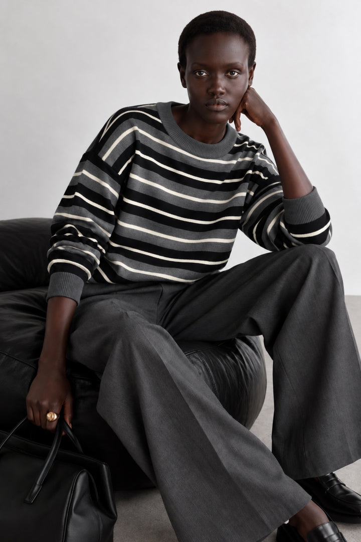 Crew Neck Striped Knit Anthracite Blouse