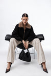 Black Knitted Sweater with Zip and Faux Fur Collar
