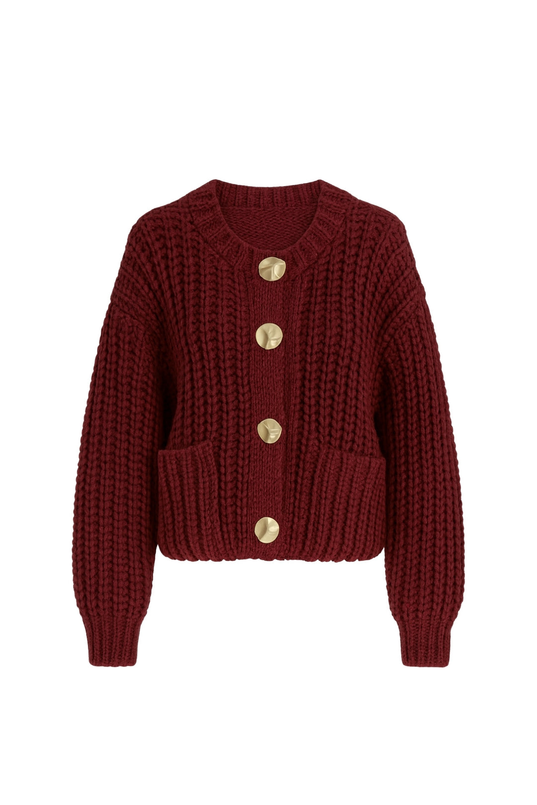 Kalın Örgü Düğme Detay Bordo Hırka