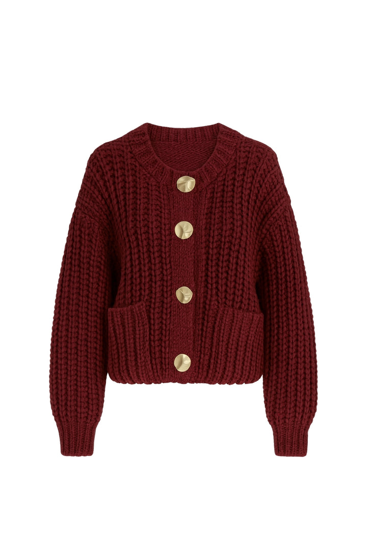 Kalın Örgü Düğme Detay Bordo Hırka