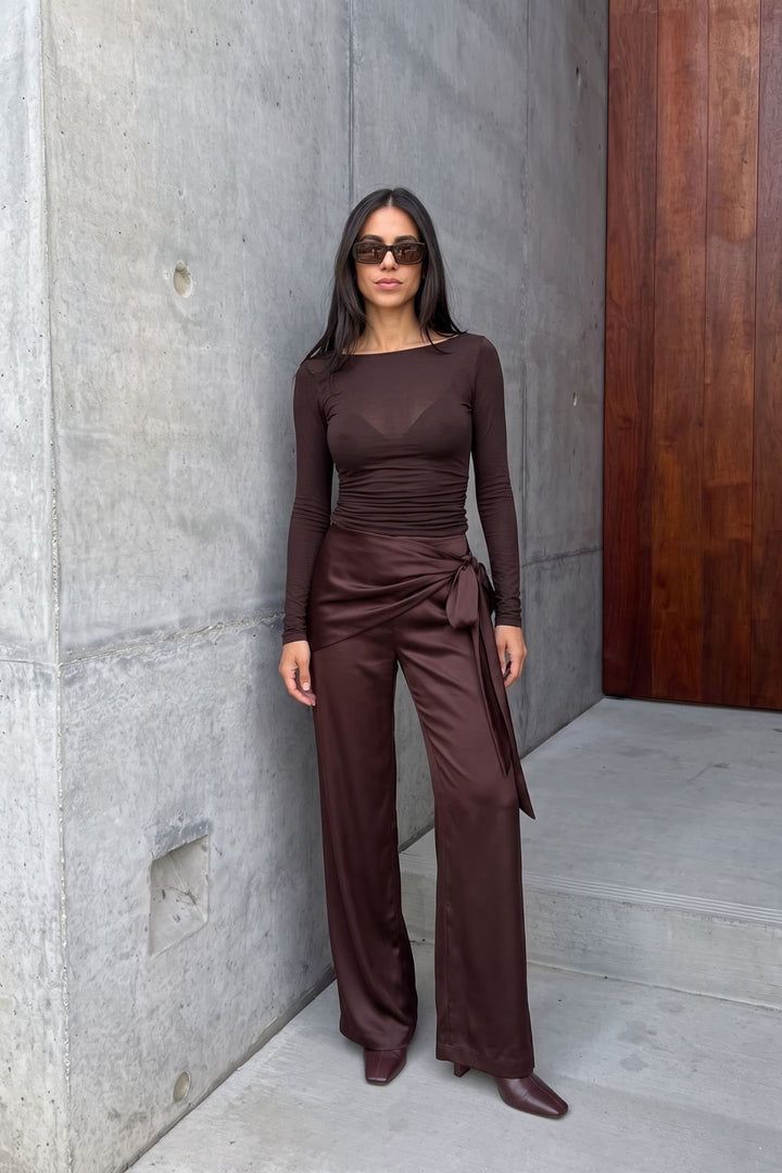 Front Tie Brown Satin Trousers
