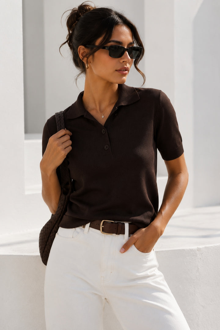 Polo Collar Button-Down Short Sleeve Brown Knit Blouse