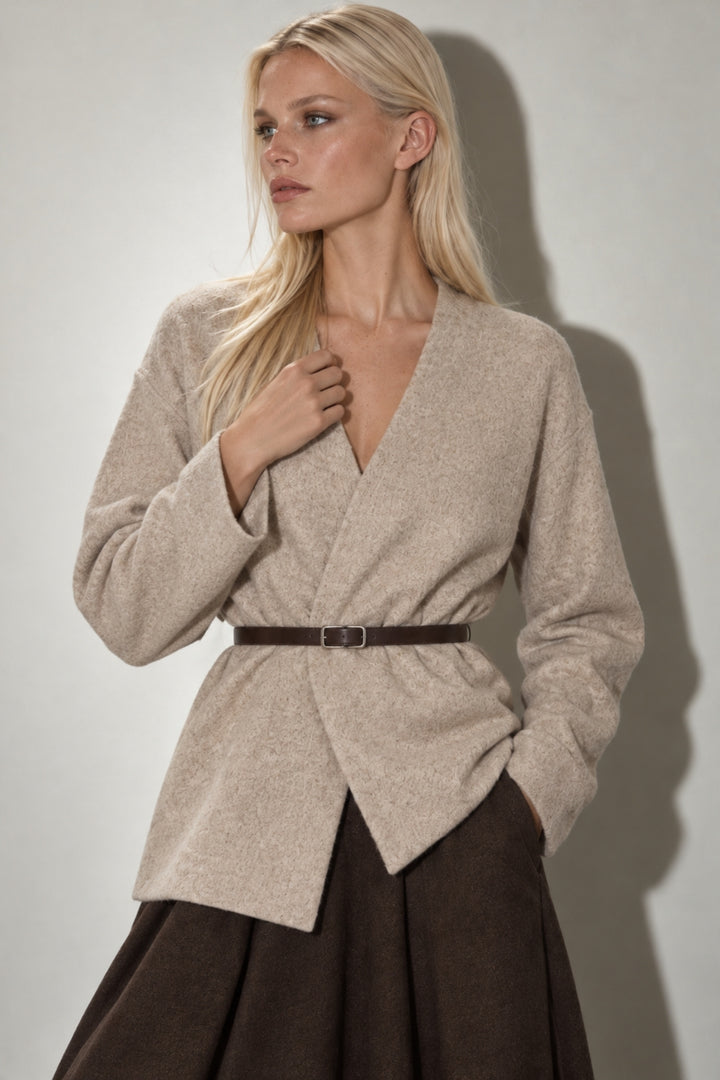 Belt Detail Wrap Collar Beige Knit Cardigan