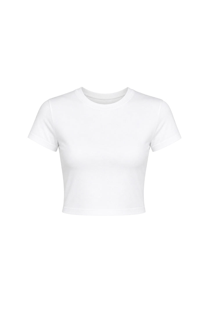 Bisiklet Yaka Likralı Beyaz Crop T-Shirt