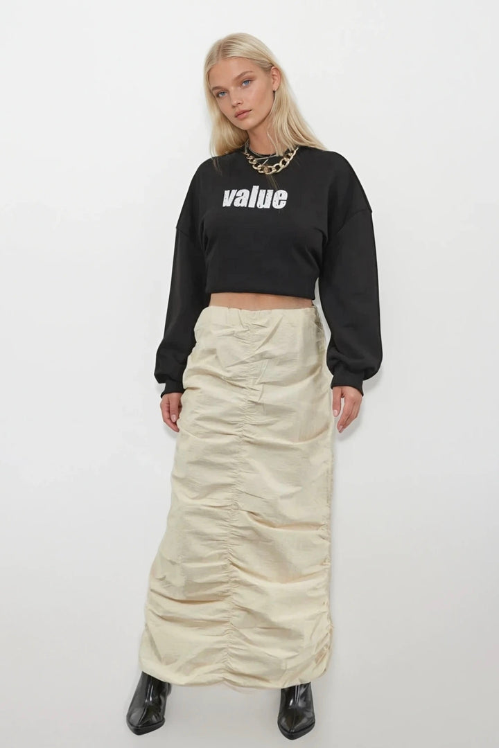 Gathered Detail Beige Maxi Skirt 