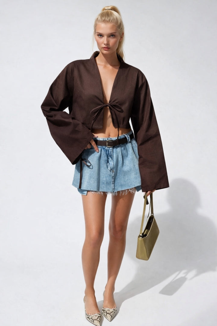 Tie Detail Long Sleeve Brown Blouse 