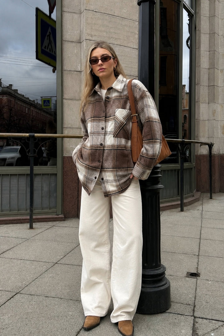 Basic Oversize Bej Ekose Gömlek