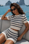 Striped Openwork Blouse Shorts Navy-White Two-Piece Set