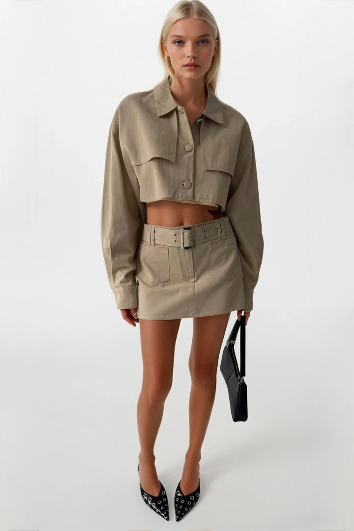 Kemer Detay Bej Mini Etek