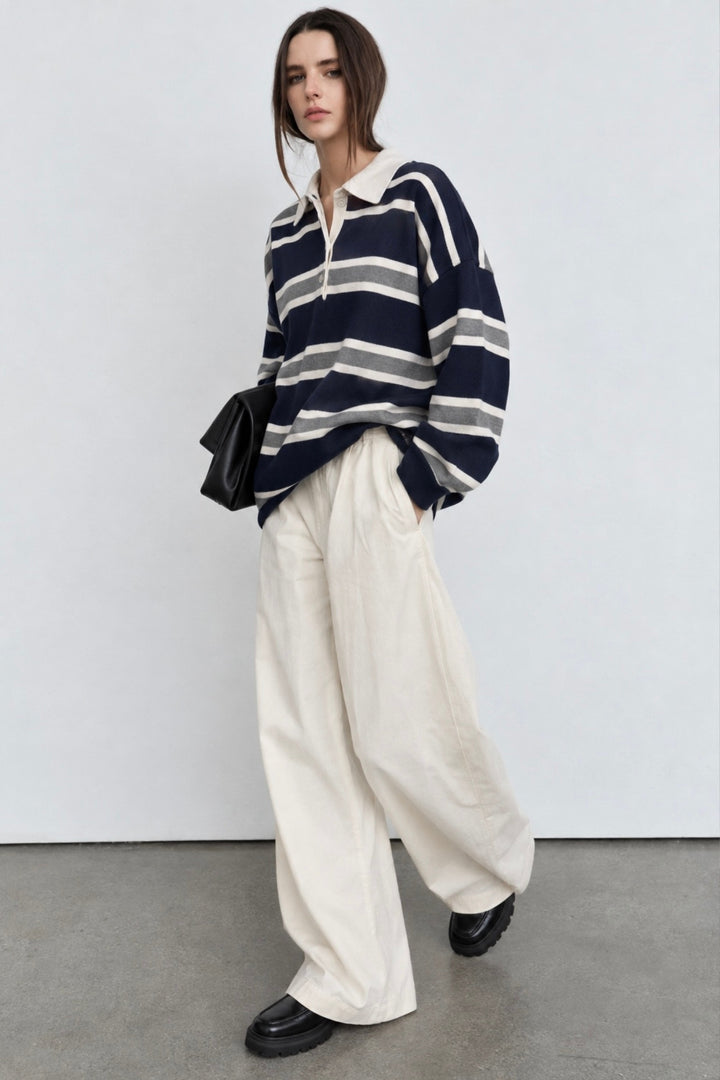 Striped Buttoned Polo Neck Navy Knit Blouse
