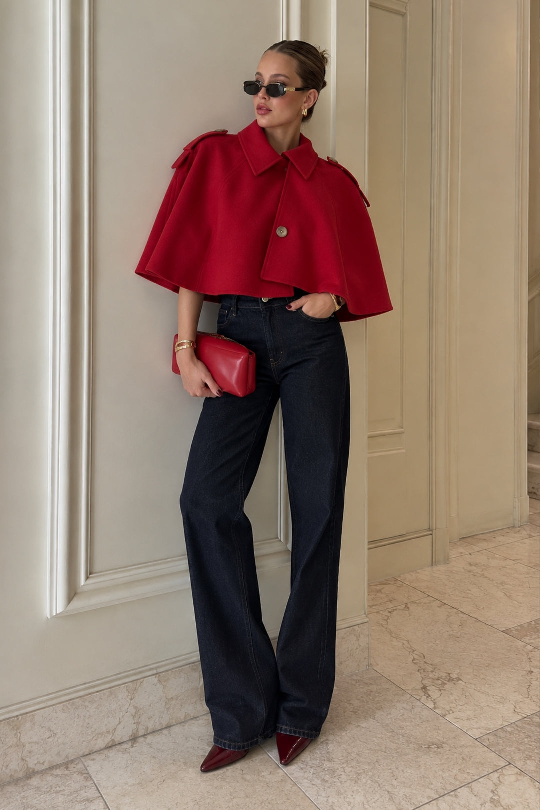 Düğme Detay Crop Kırmızı Pelerin Trenchcoat
