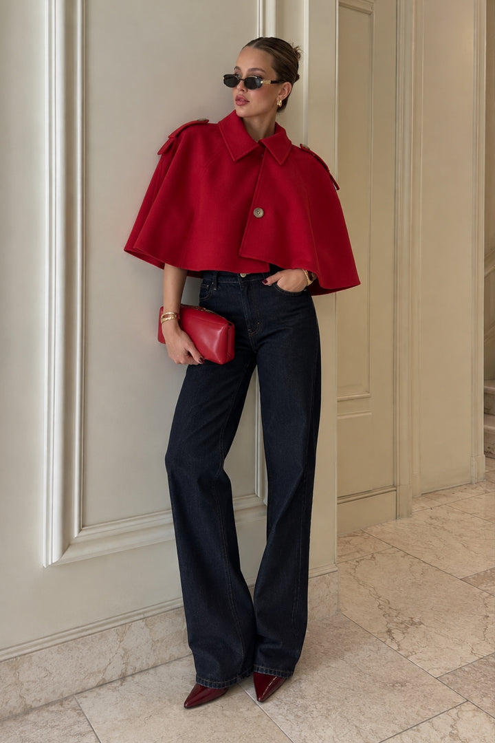 Düğme Detay Crop Kırmızı Pelerin Trenchcoat