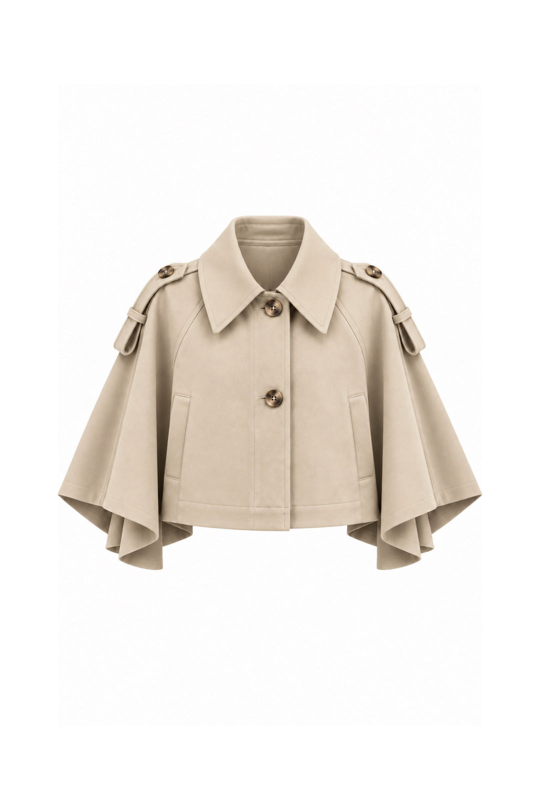 Düğme Detay Crop Bej Pelerin Trenchcoat
