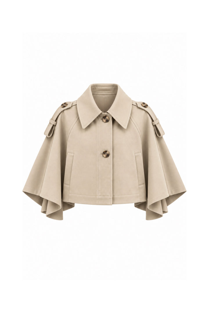 Düğme Detay Crop Bej Pelerin Trenchcoat