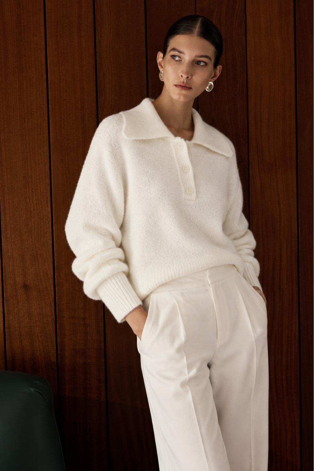 Ecru Buttoned Polo Neck Knitwear Sweater