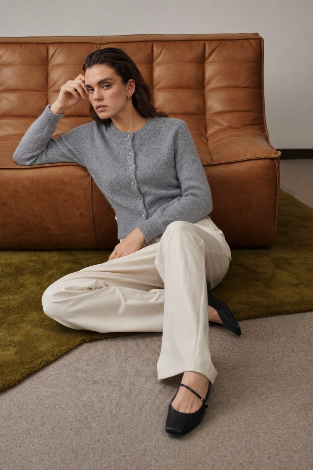Button Detail Grey Textured Knit Cardigan