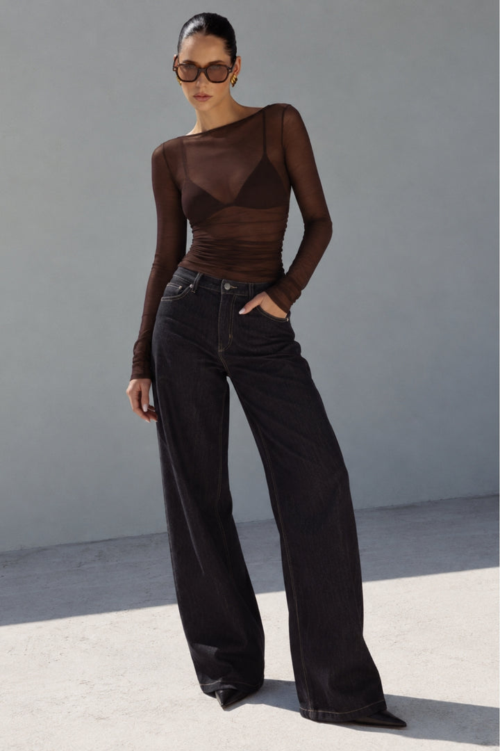 Boat Neck Brown Transparent Blouse