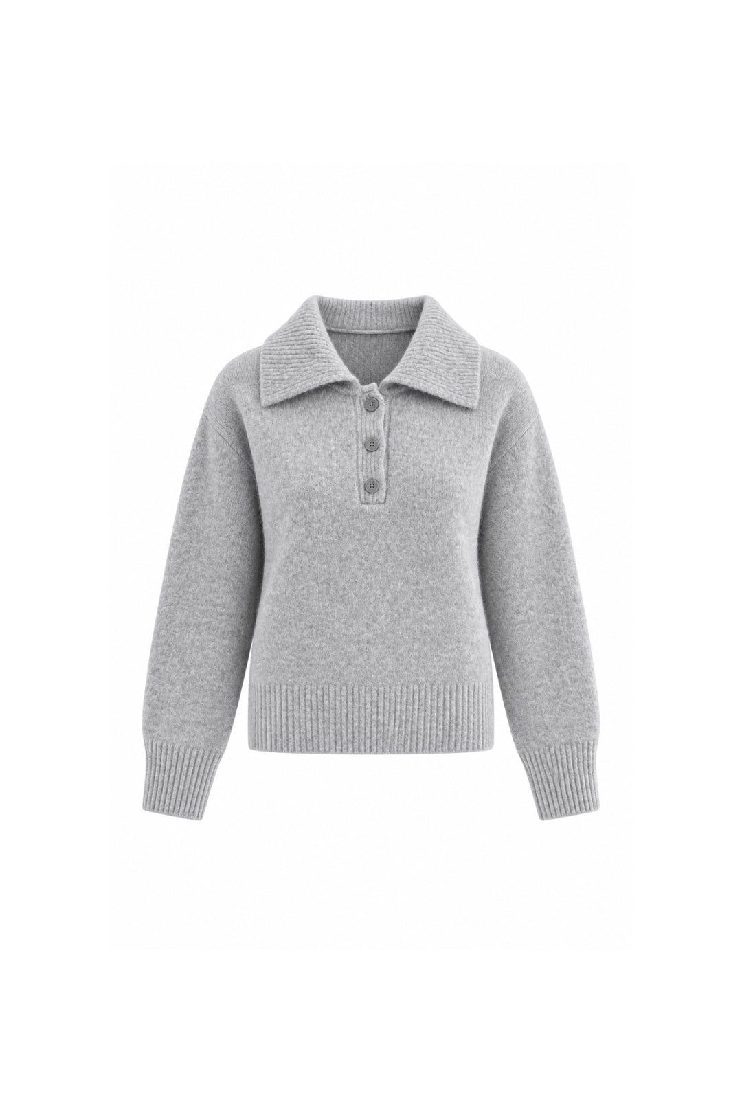 Polo Neck Grey Button-Up Knit Sweater