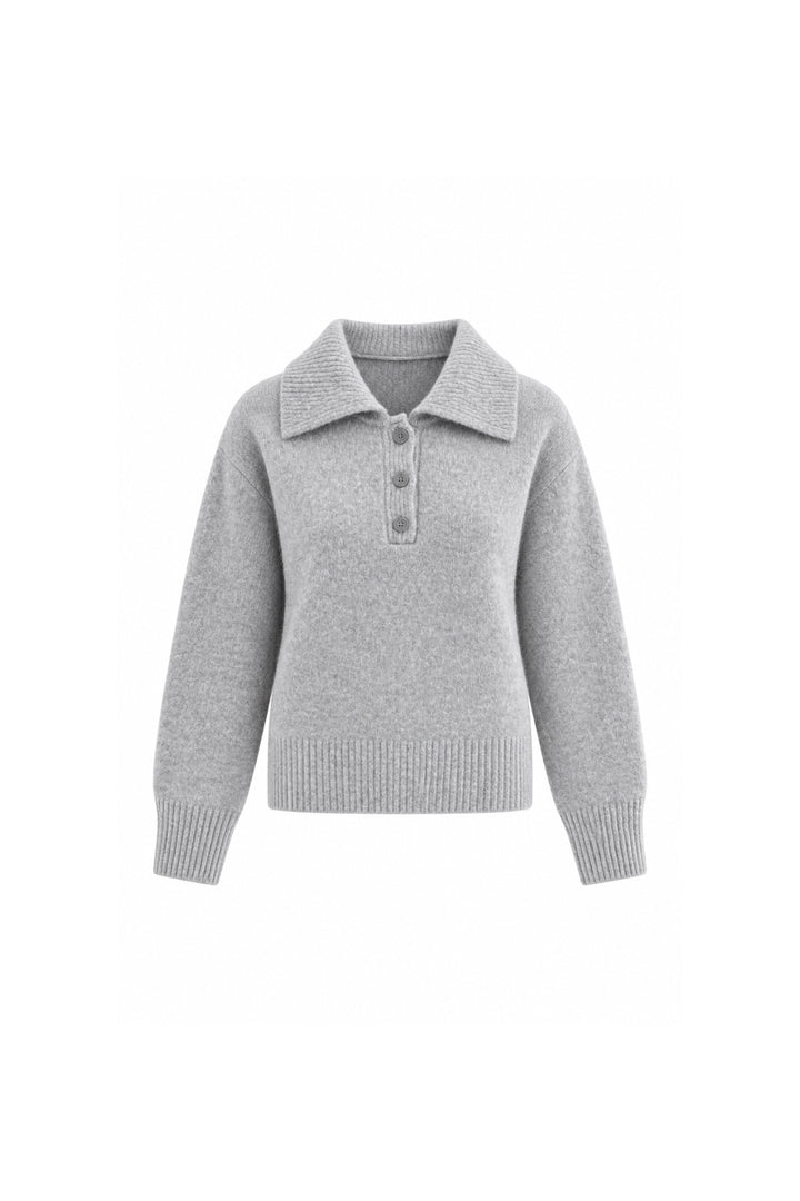 Polo Neck Grey Button-Up Knit Sweater