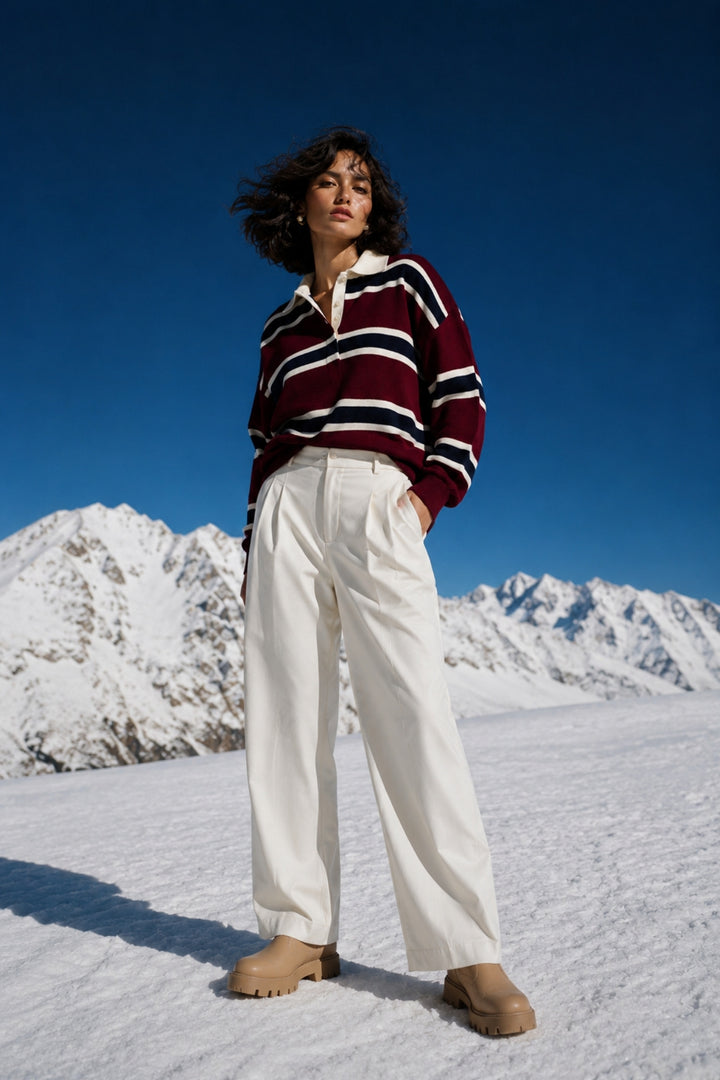 Striped Buttoned Polo Neck Burgundy Knit Blouse