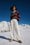 Striped Buttoned Polo Neck Burgundy Knit Blouse