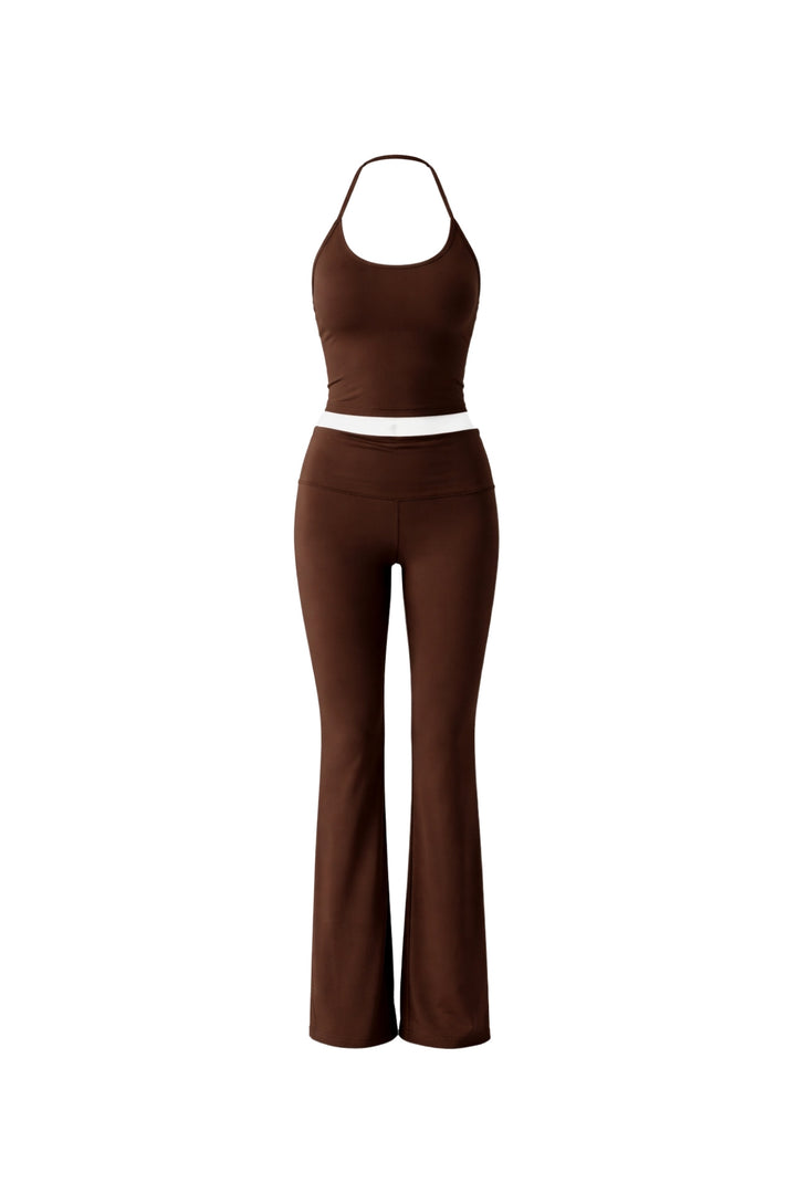 İp Askılı Bluz Wide Leg Pantolon Kahverengi İkili Takım