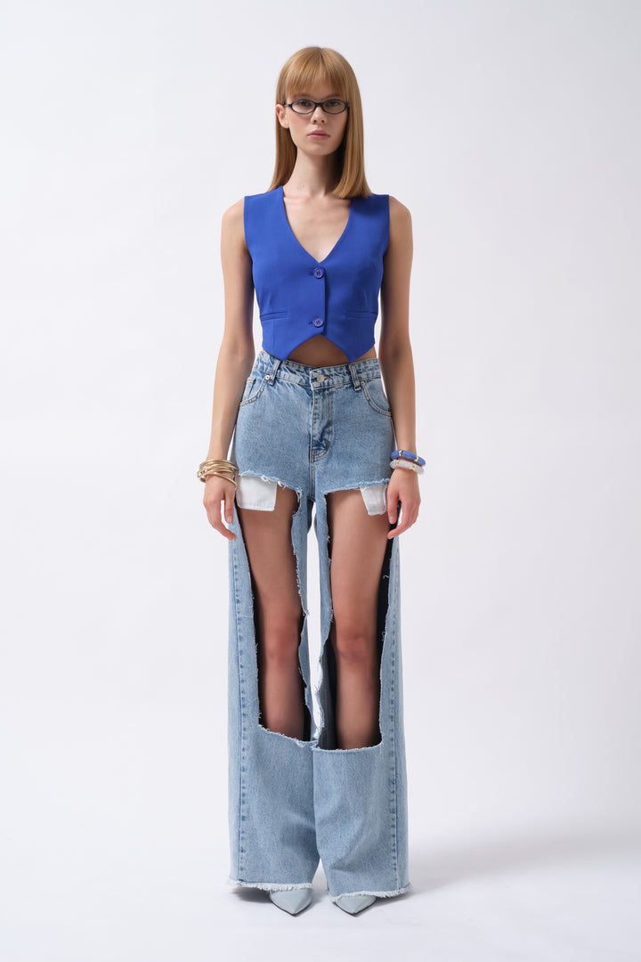 Buttoned Saxe Crop Vest 